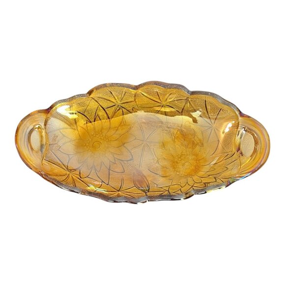 Amber Marigold Carnival Glass Sunflower Pattern Oval Relish Dish With Handles - Picture 4 of 9